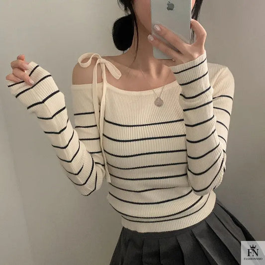 Cold Shoulder Striped Bow Top - Fashionnsio