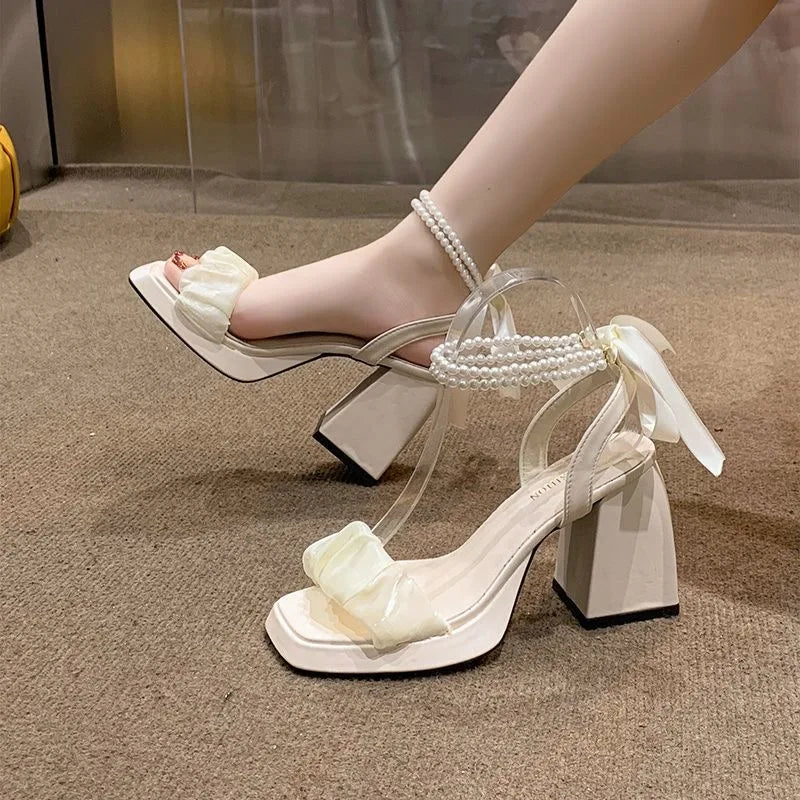 Bow Ribbon Pearl Chunky Heels