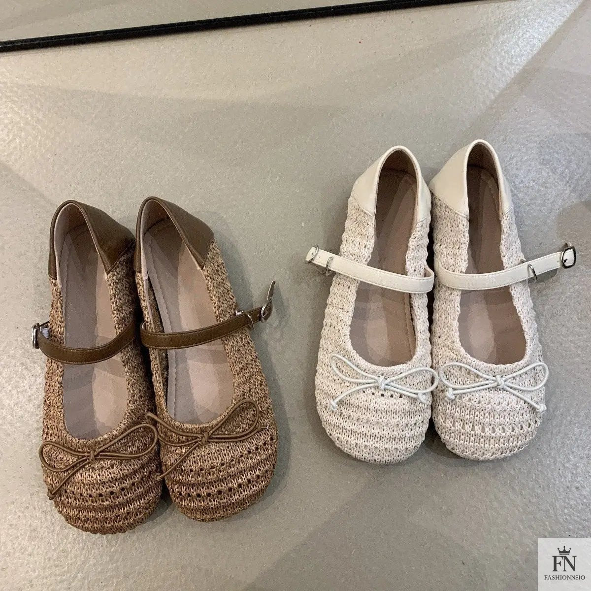 Crochet Buckle Strap Bow Flats - Fashionnsio