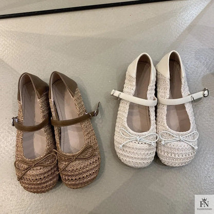 Crochet Buckle Strap Bow Flats - Fashionnsio
