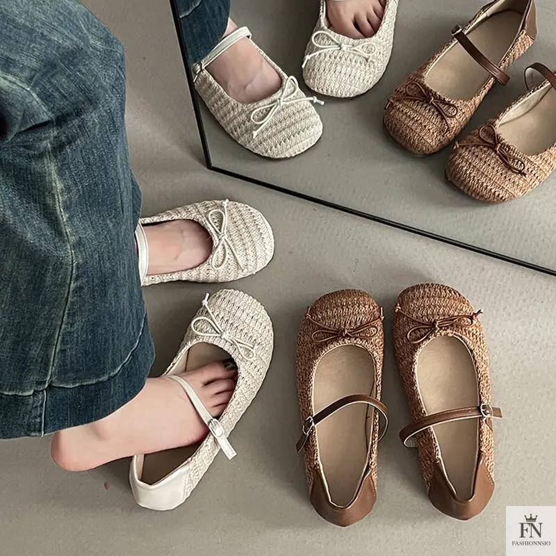 Crochet Buckle Strap Bow Flats - Fashionnsio