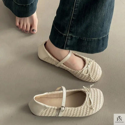 Crochet Buckle Strap Bow Flats - Fashionnsio