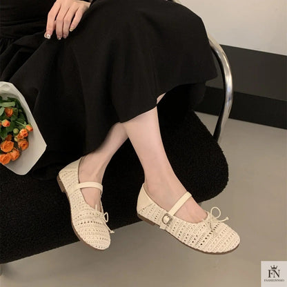 Crochet Buckle Strap Bow Flats - Fashionnsio