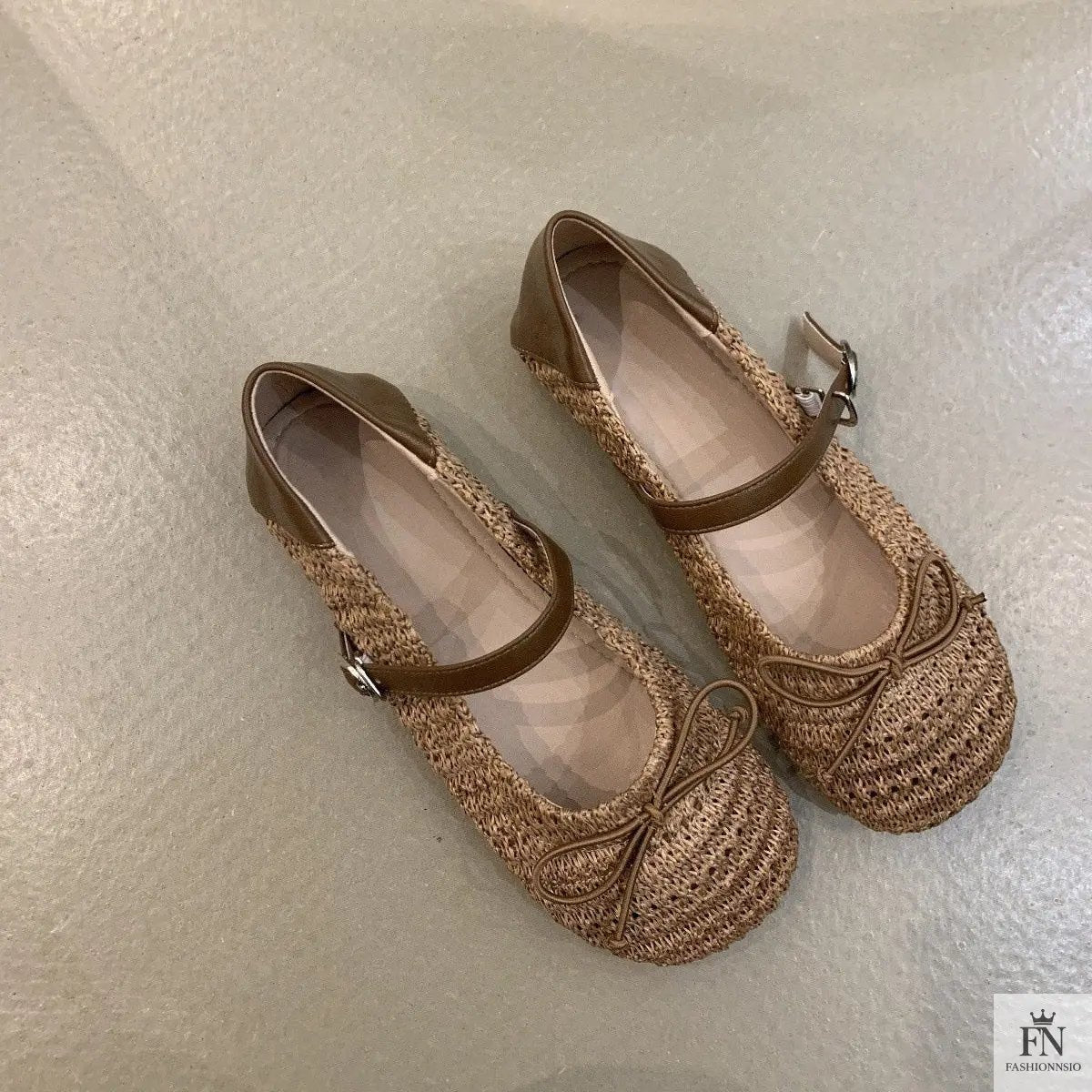 Crochet Buckle Strap Bow Flats - Fashionnsio