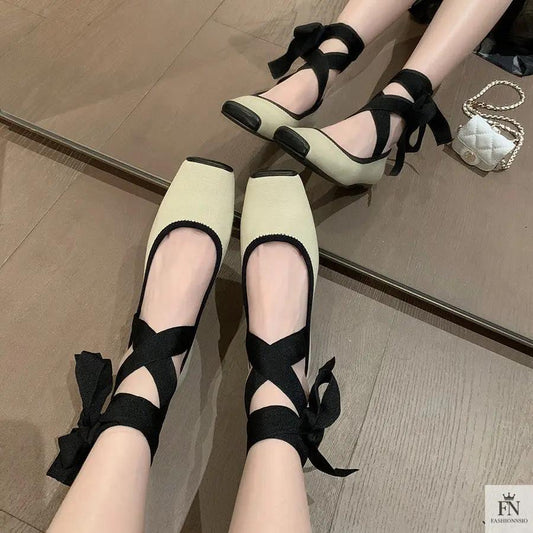 Cross Lace Up Ballet Flats - Fashionnsio