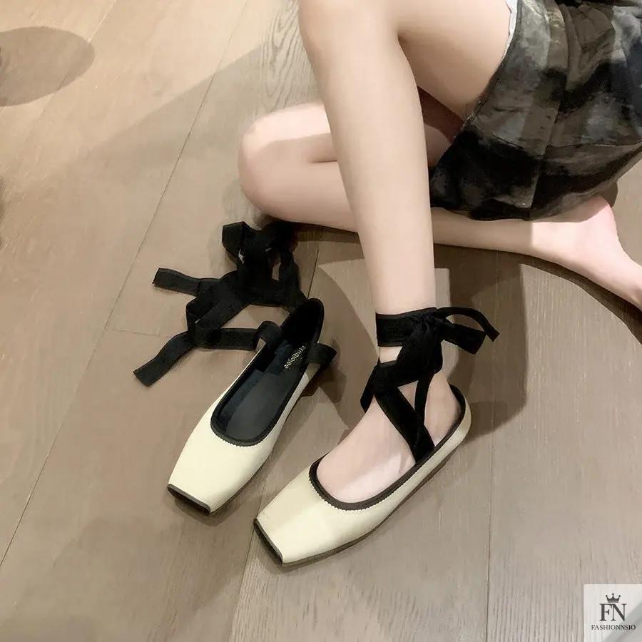 Cross Lace Up Ballet Flats - Fashionnsio