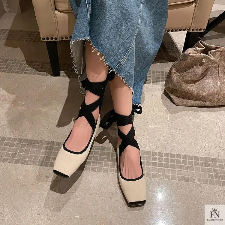 Cross Lace Up Ballet Flats - Fashionnsio