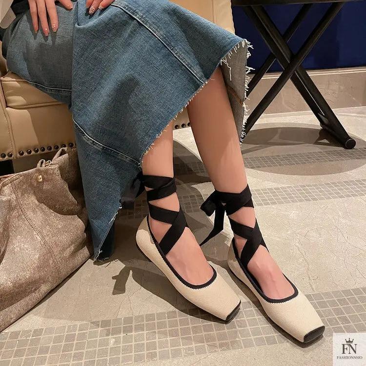 Cross Lace Up Ballet Flats - Fashionnsio