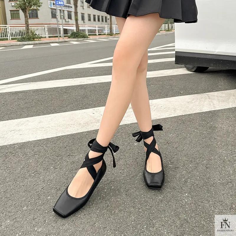 Cross Lace Up Ballet Flats - Fashionnsio