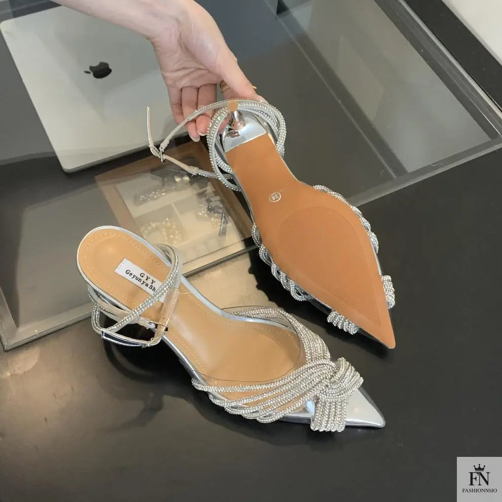 Cross Rhinestone Ankle Strap Pointed Heels - Fashionnsio