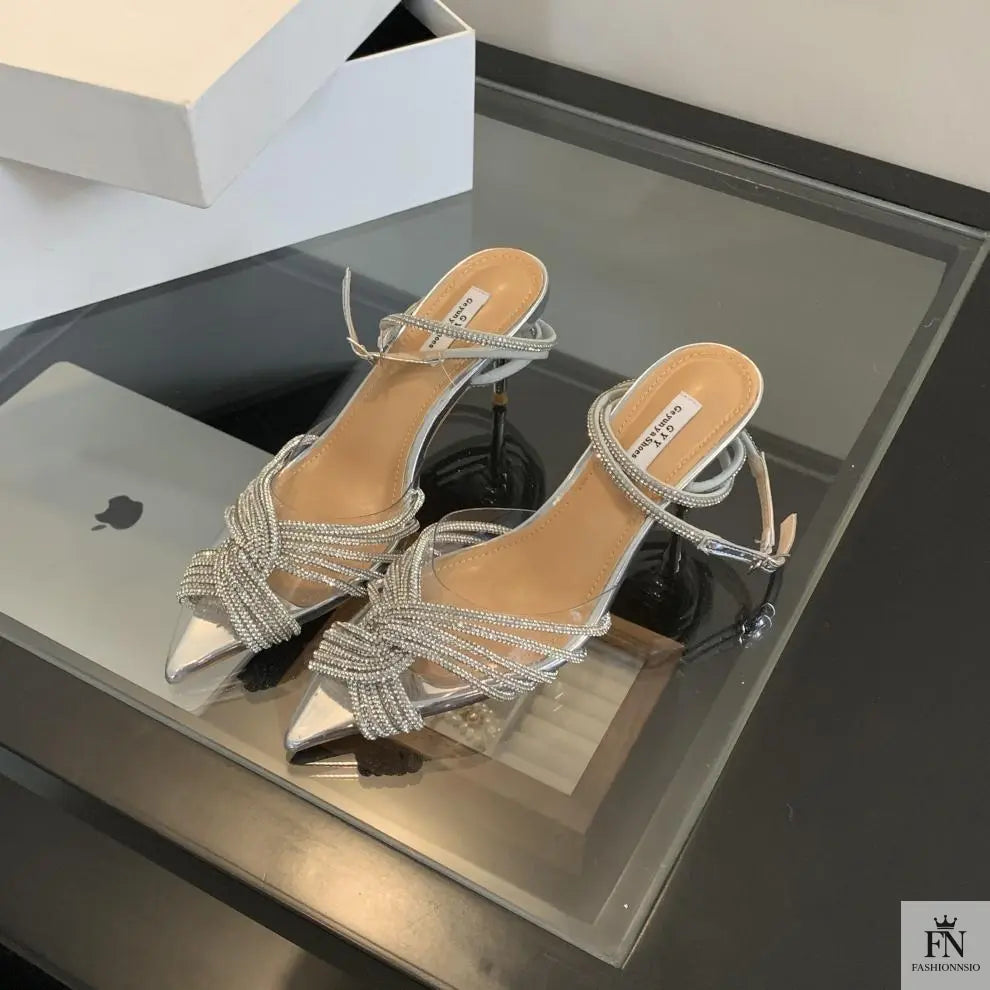Cross Rhinestone Ankle Strap Pointed Heels - Fashionnsio