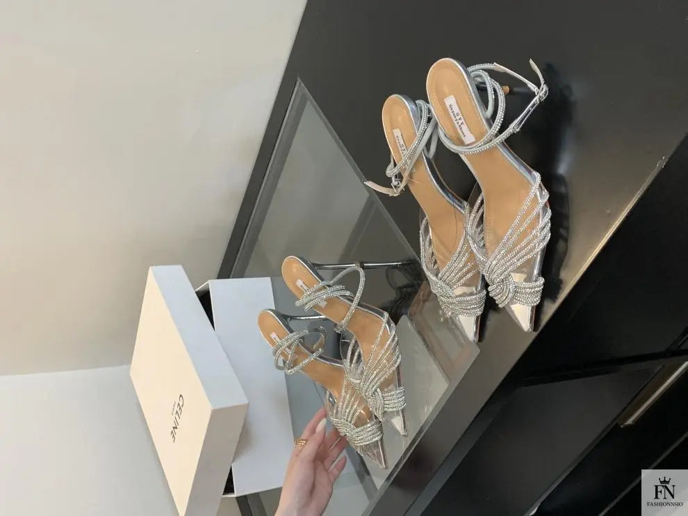 Cross Rhinestone Ankle Strap Pointed Heels - Fashionnsio