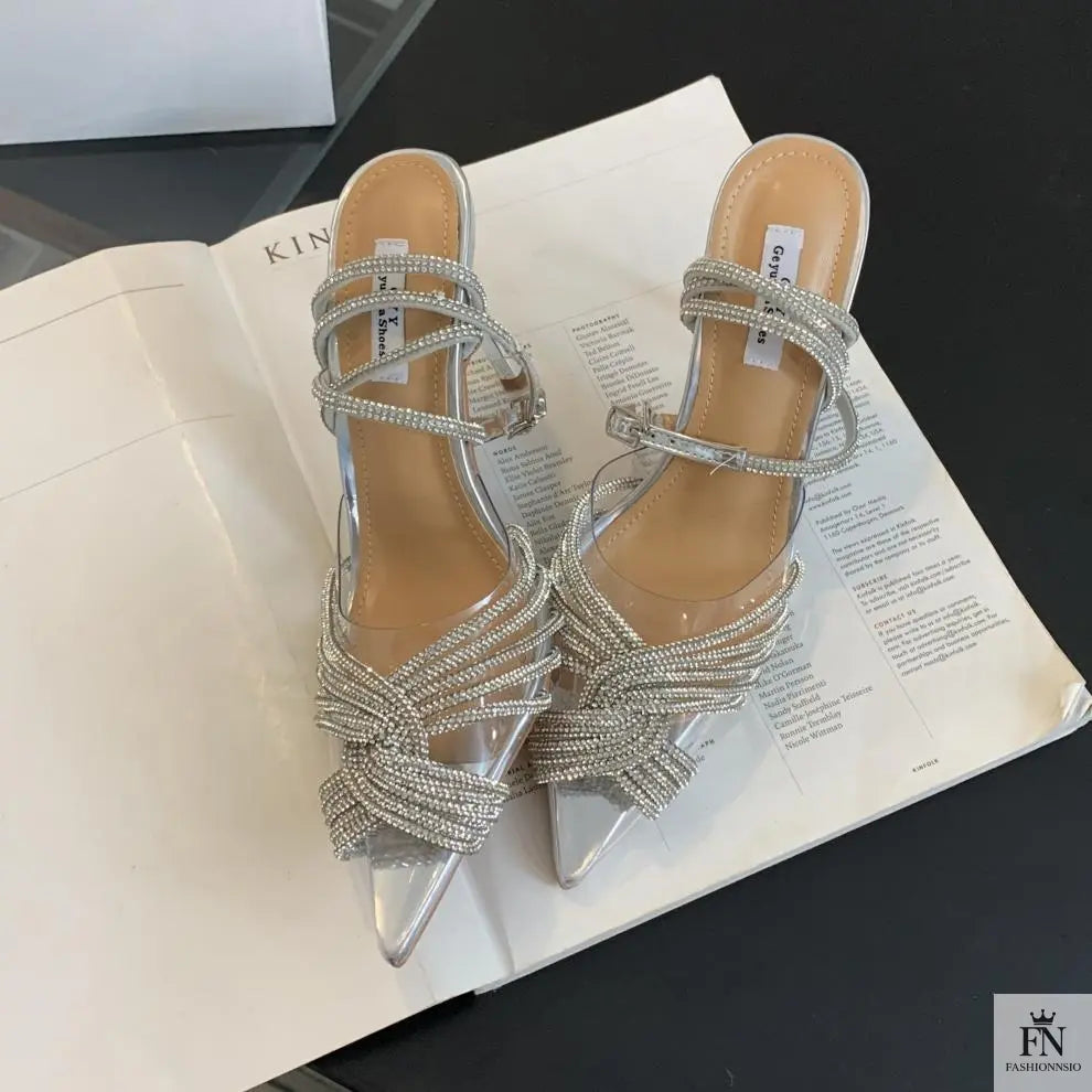 Cross Rhinestone Ankle Strap Pointed Heels - Fashionnsio