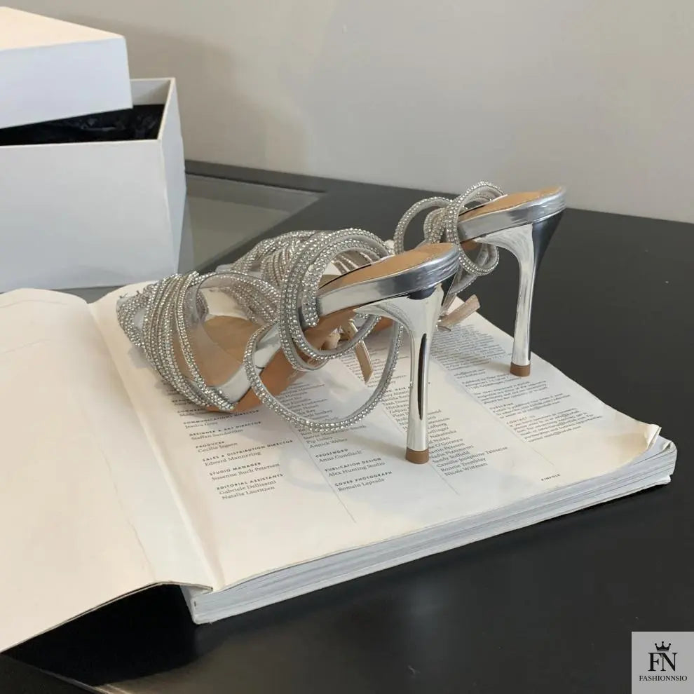 Cross Rhinestone Ankle Strap Pointed Heels - Fashionnsio