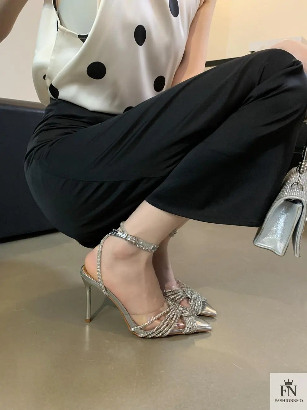 Cross Rhinestone Ankle Strap Pointed Heels - Fashionnsio