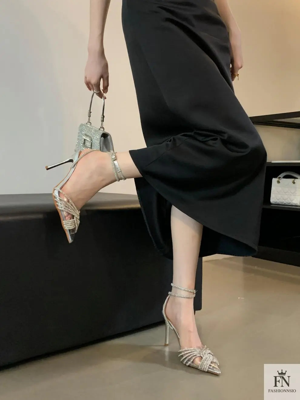 Cross Rhinestone Ankle Strap Pointed Heels - Fashionnsio