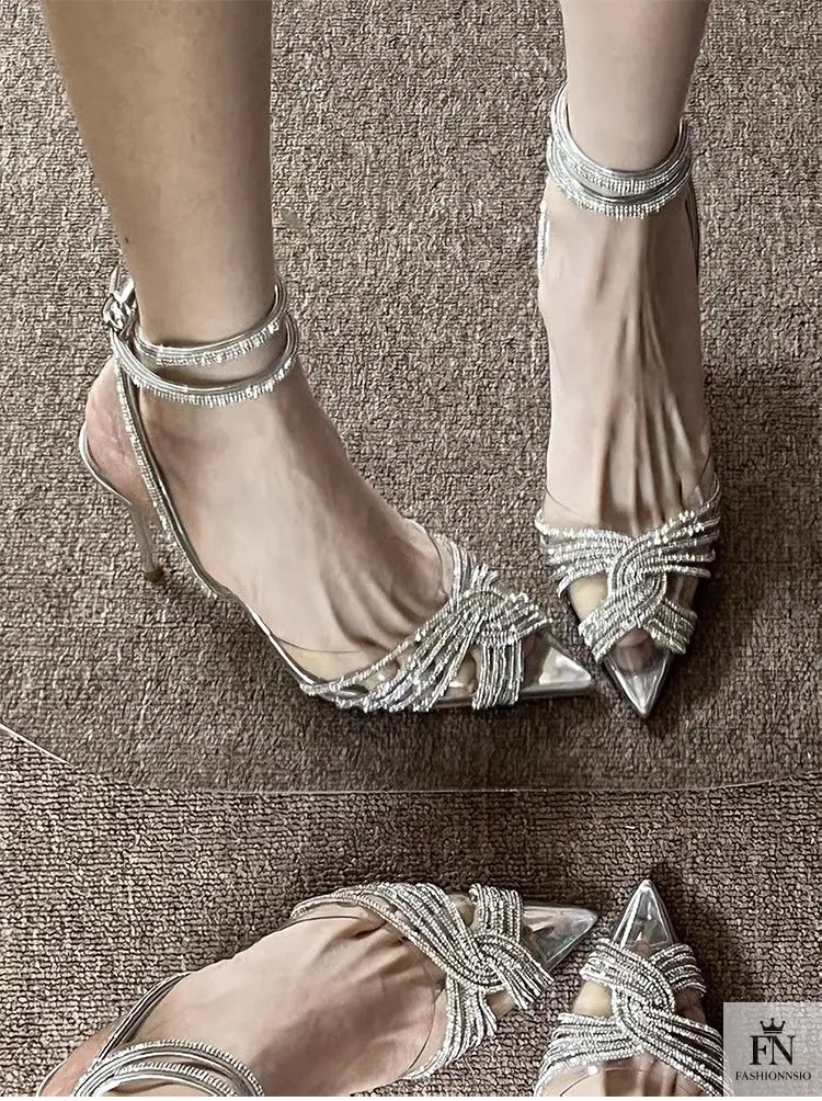 Cross Rhinestone Ankle Strap Pointed Heels - Fashionnsio