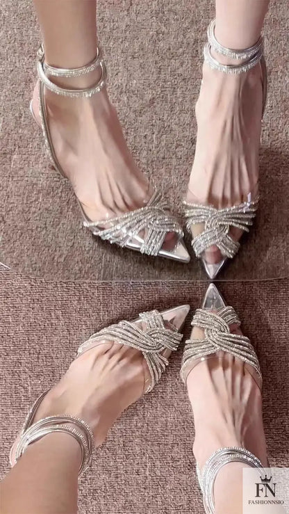 Cross Rhinestone Ankle Strap Pointed Heels - Fashionnsio