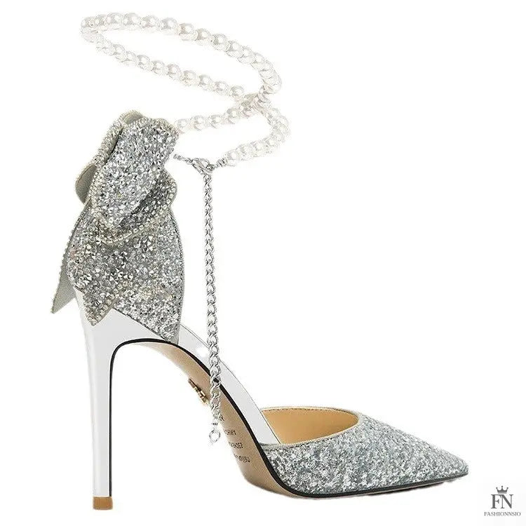 Crystal Bow Sequin Pearl Heels - Fashionnsio