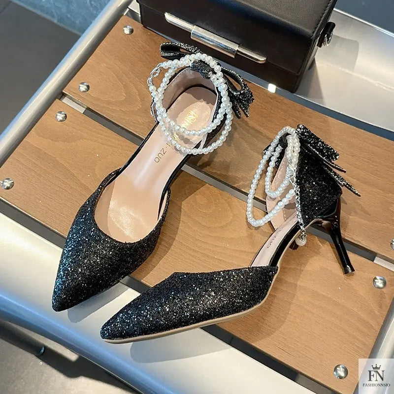 Crystal Bow Sequin Pearl Heels - Fashionnsio
