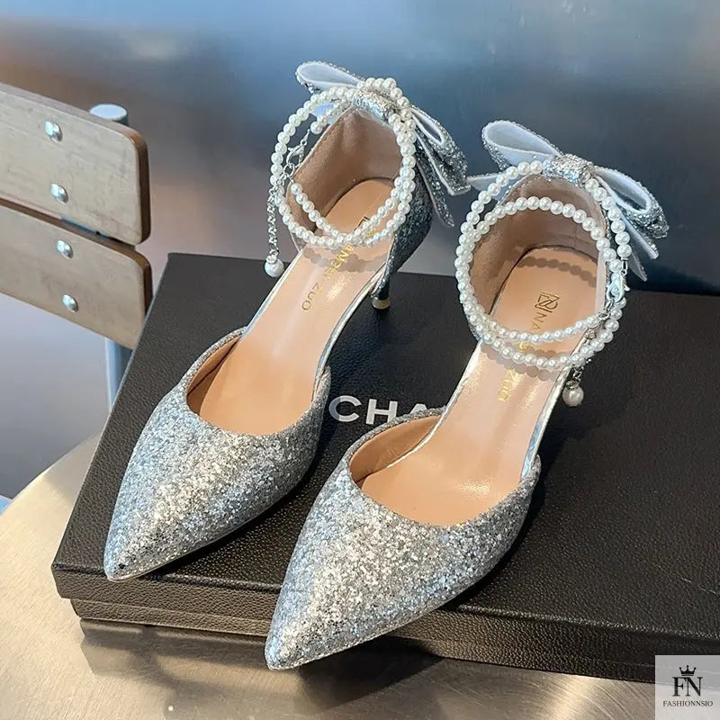 Crystal Bow Sequin Pearl Heels - Fashionnsio