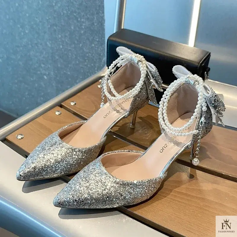 Crystal Bow Sequin Pearl Heels - Fashionnsio