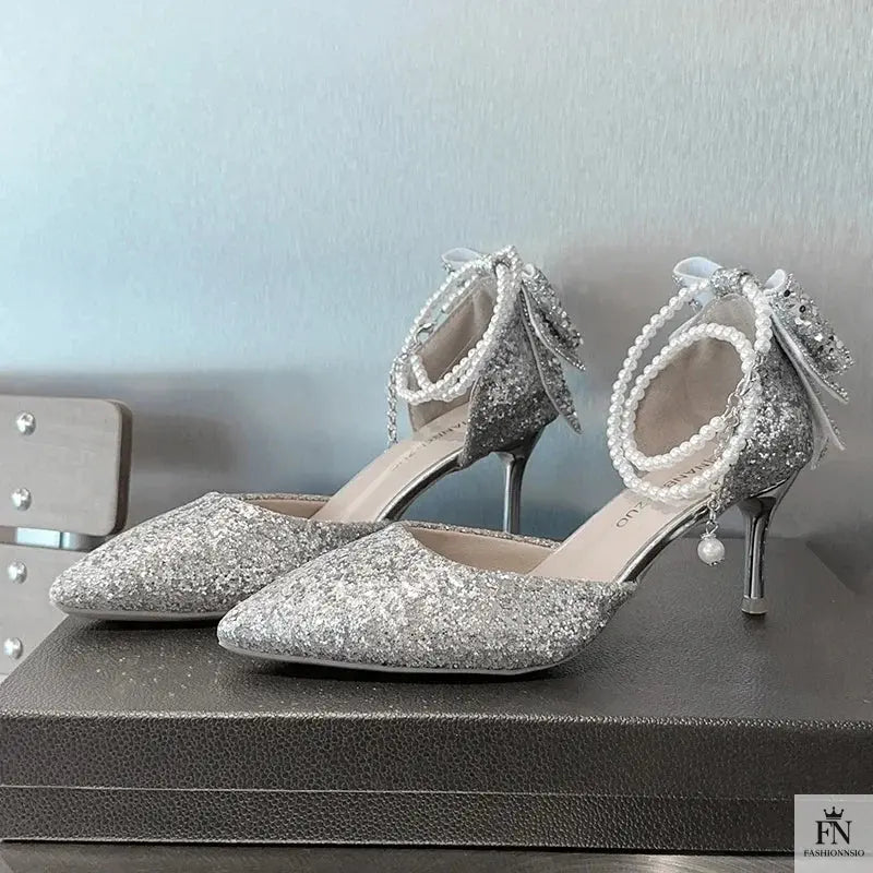 Crystal Bow Sequin Pearl Heels - Fashionnsio