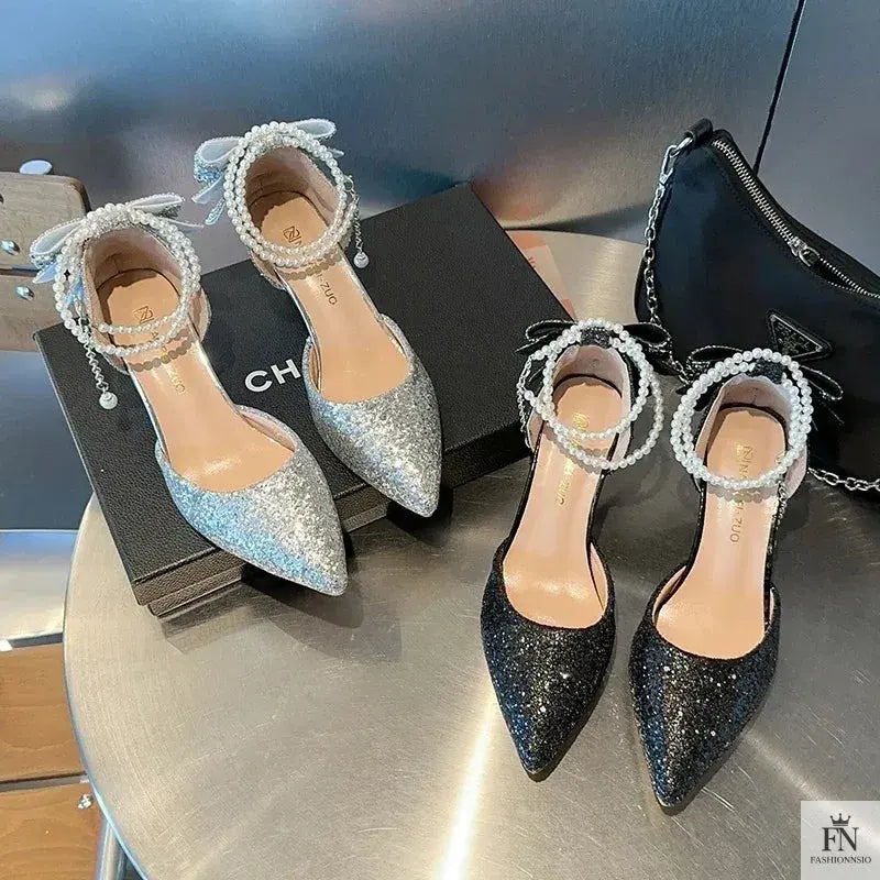 Crystal Bow Sequin Pearl Heels - Fashionnsio