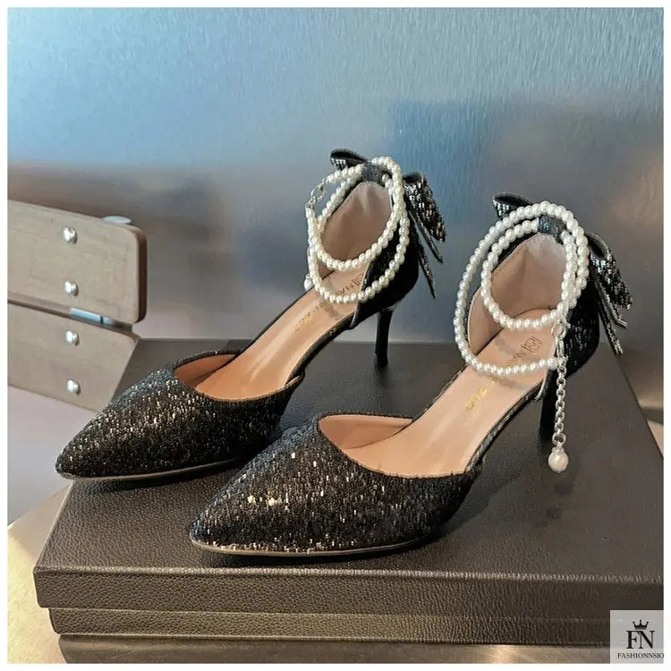 Crystal Bow Sequin Pearl Heels - Fashionnsio