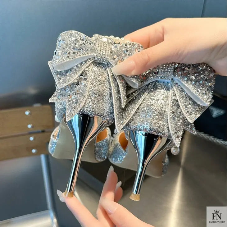 Crystal Bow Sequin Pearl Heels - Fashionnsio