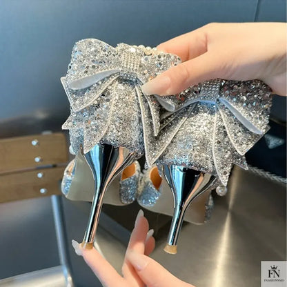 Crystal Bow Sequin Pearl Heels - Fashionnsio