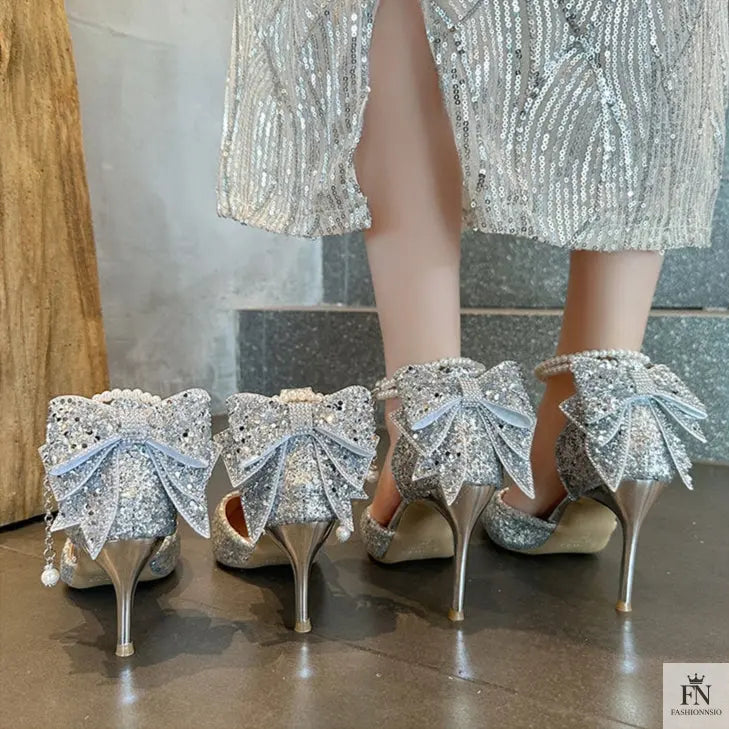 Crystal Bow Sequin Pearl Heels - Fashionnsio