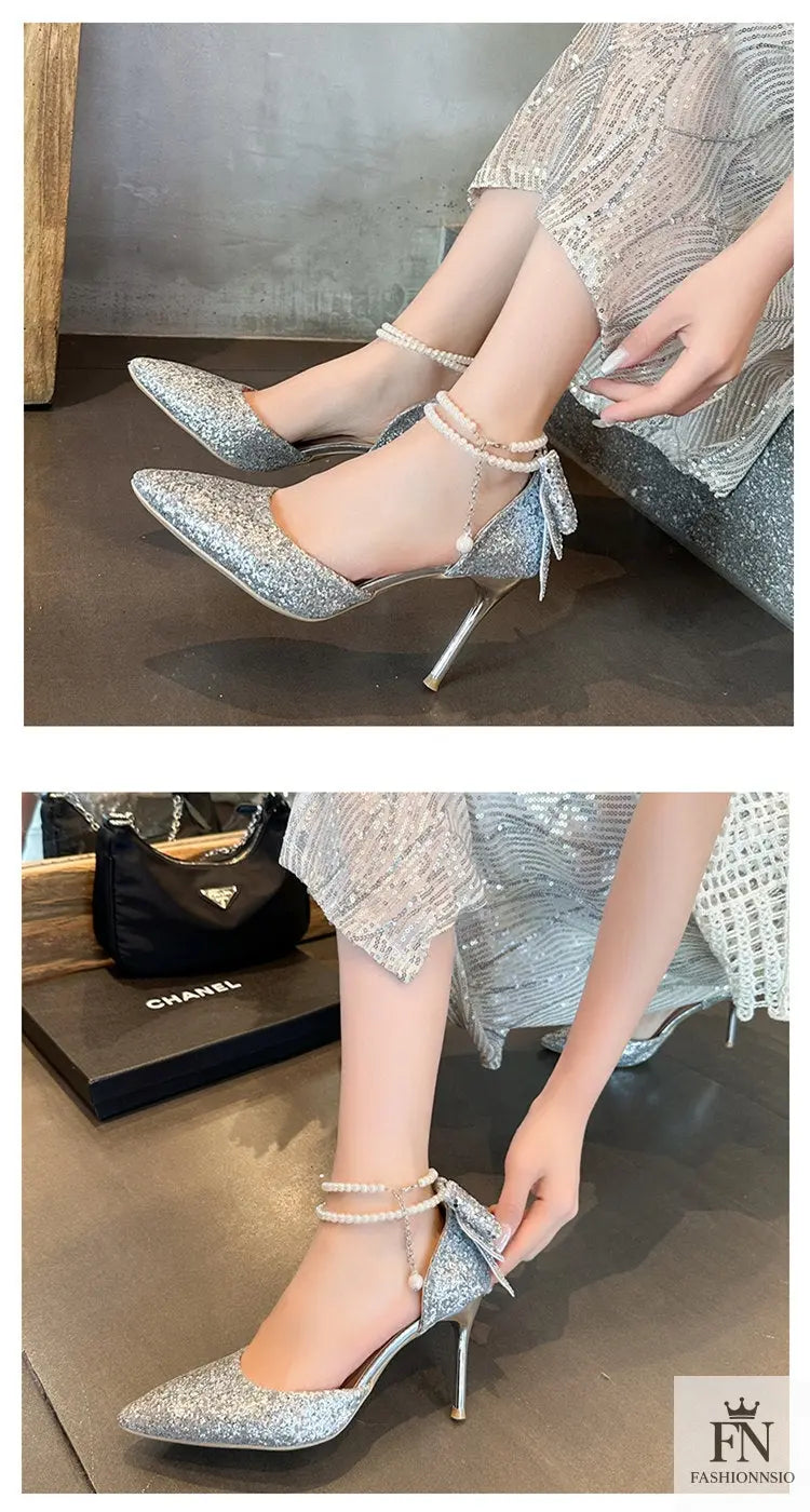 Crystal Bow Sequin Pearl Heels - Fashionnsio
