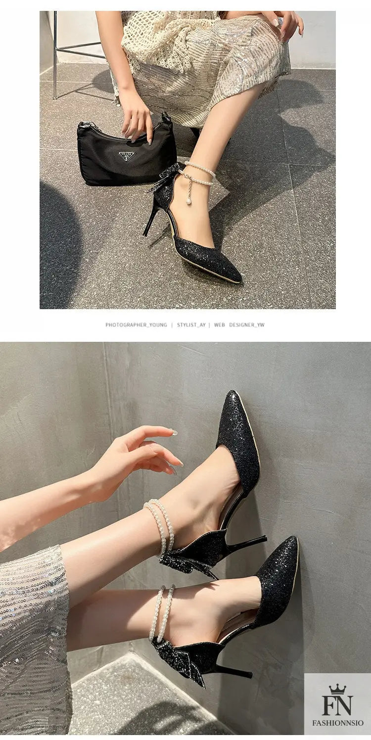 Crystal Bow Sequin Pearl Heels - Fashionnsio