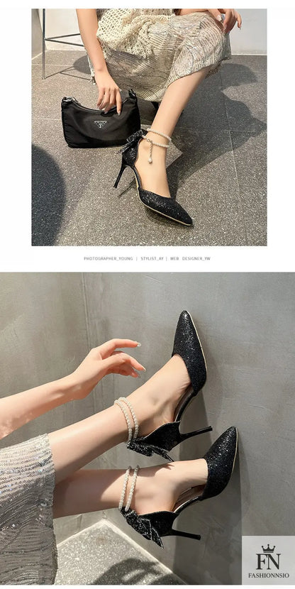 Crystal Bow Sequin Pearl Heels - Fashionnsio