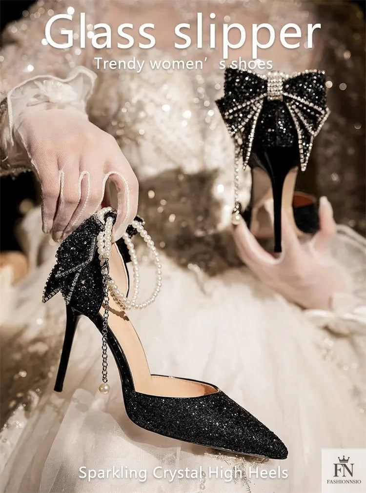 Crystal Bow Sequin Pearl Heels - Fashionnsio