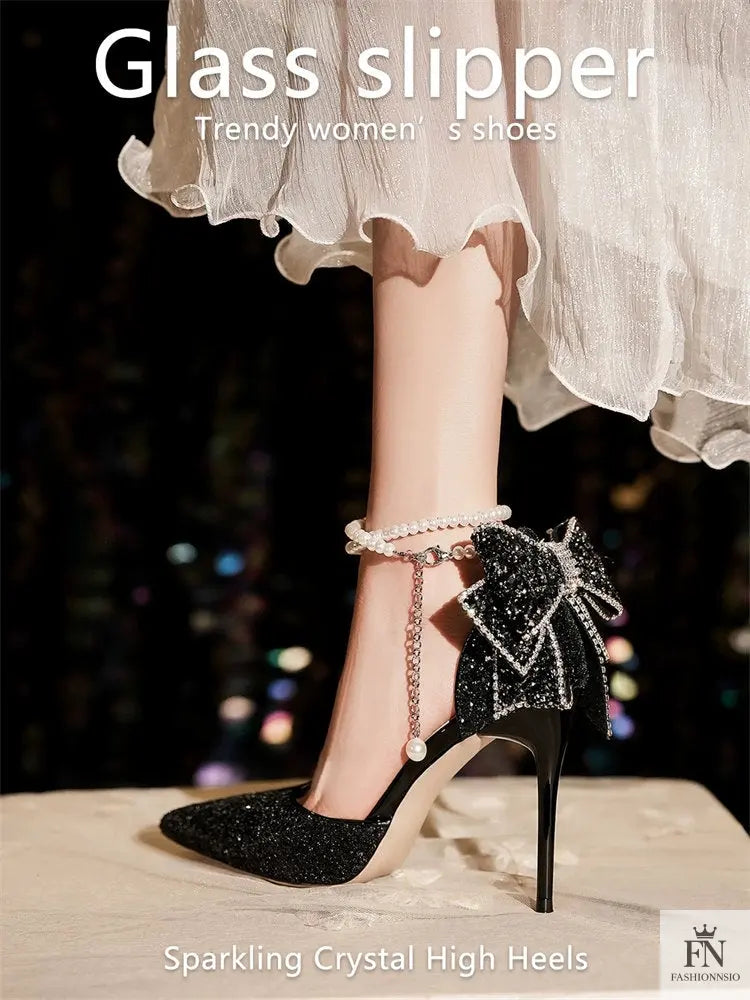 Crystal Bow Sequin Pearl Heels - Fashionnsio