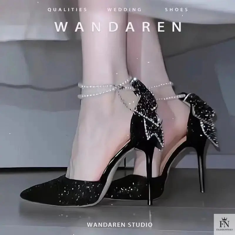 Crystal Bow Sequin Pearl Heels - Fashionnsio