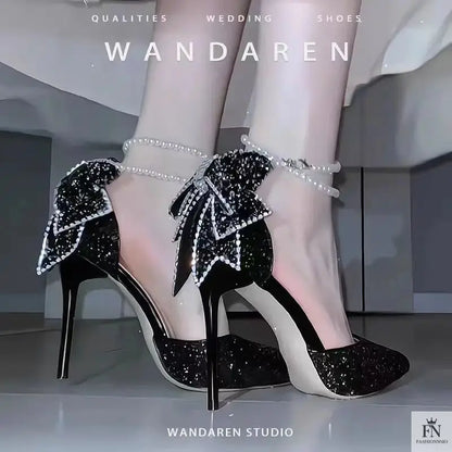 Crystal Bow Sequin Pearl Heels - Fashionnsio