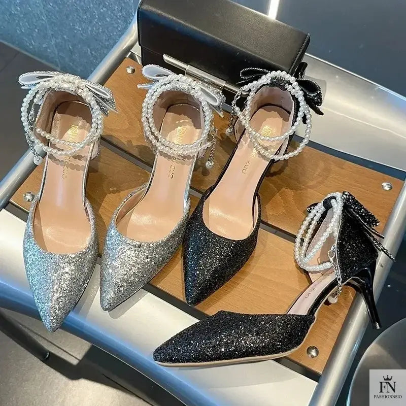 Crystal Bow Sequin Pearl Heels - Fashionnsio