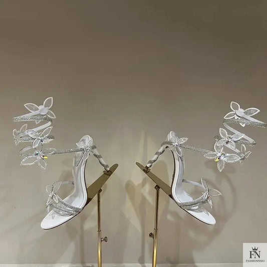 Crystal Embellished Butterfly Winding Heels - Fashionnsio