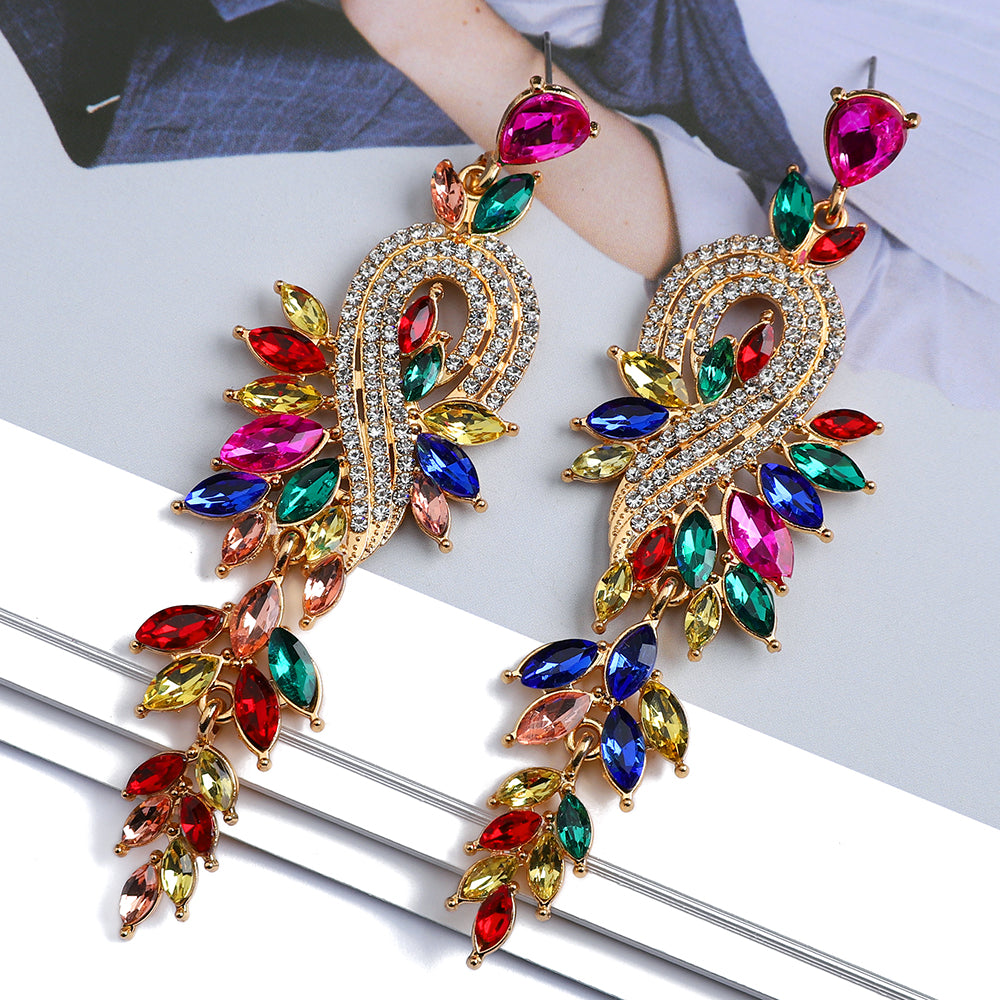 Peacock Leaf Crystal Long Earrings fashionnsio