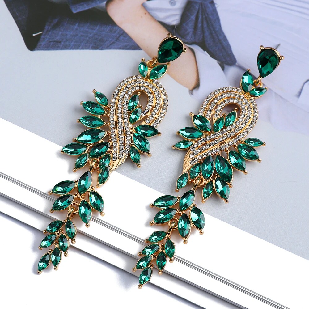 Peacock Leaf Crystal Long Earrings fashionnsio