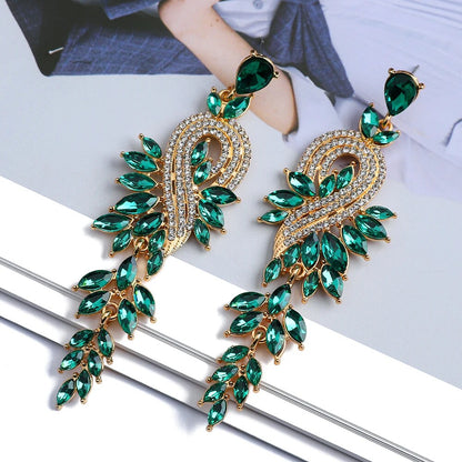 Peacock Leaf Crystal Long Earrings fashionnsio