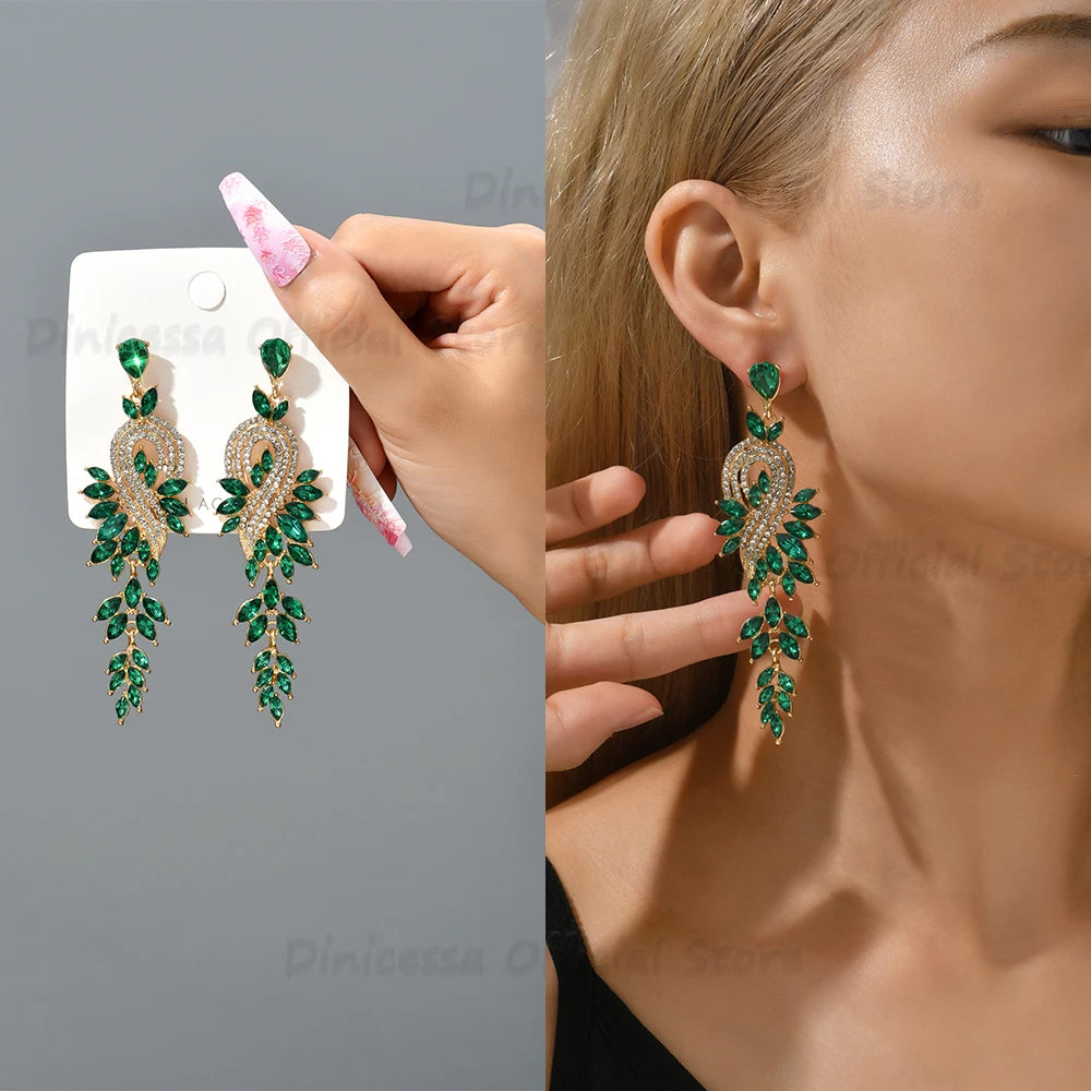 Peacock Leaf Crystal Long Earrings fashionnsio