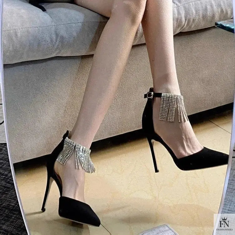 Diamond Tassel Ankle Strap Pointed Heels - Fashionnsio