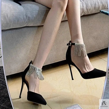 Diamond Tassel Ankle Strap Pointed Heels - Fashionnsio