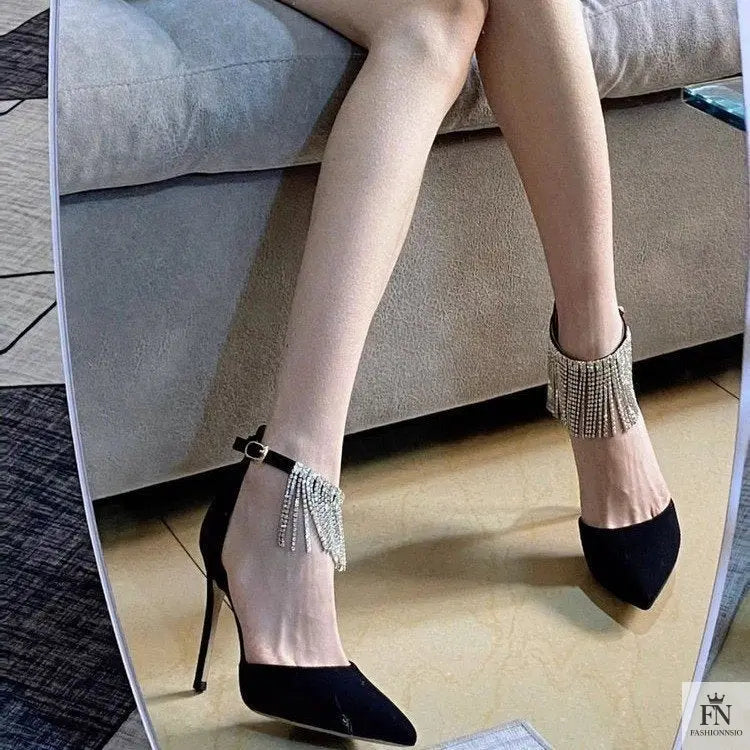 Diamond Tassel Ankle Strap Pointed Heels - Fashionnsio
