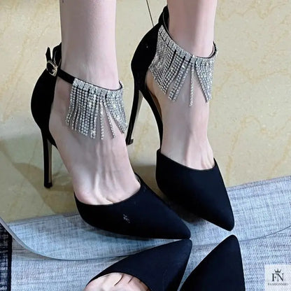 Diamond Tassel Ankle Strap Pointed Heels - Fashionnsio