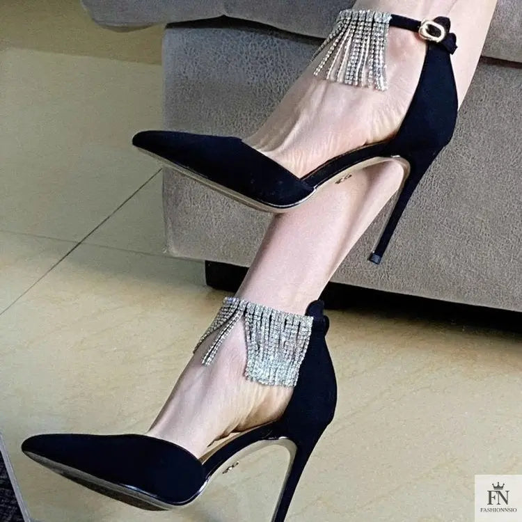 Diamond Tassel Ankle Strap Pointed Heels - Fashionnsio